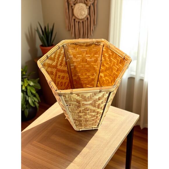 Vintage Bamboo Rattan Basket Waste Bin-Planter-Hexagon Woven Boho-Wicker-Rustic - Picture 2 of 5